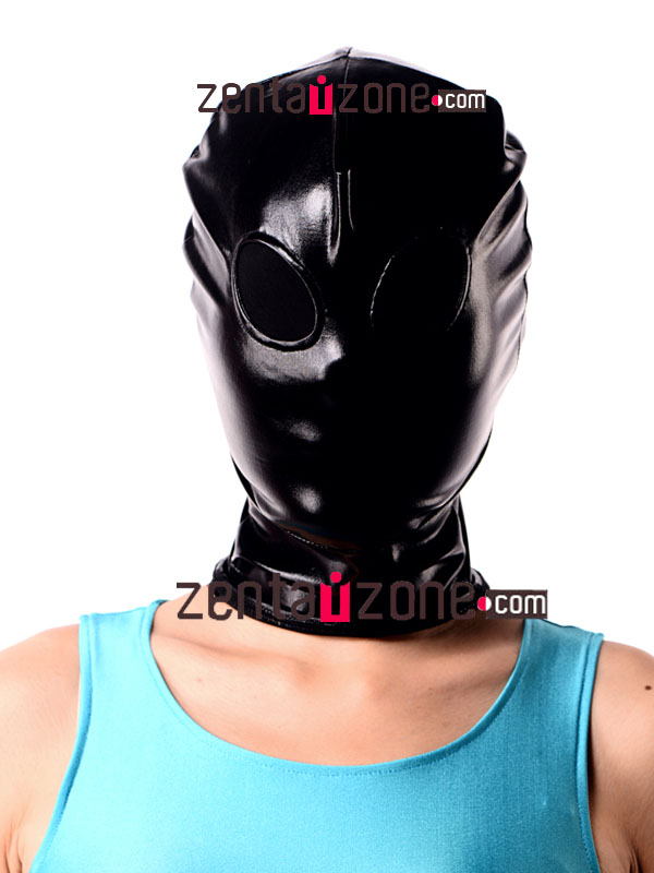 Black Shiny Metallic Zentai Hood With Black Meshed Eyes - Click Image to Close
