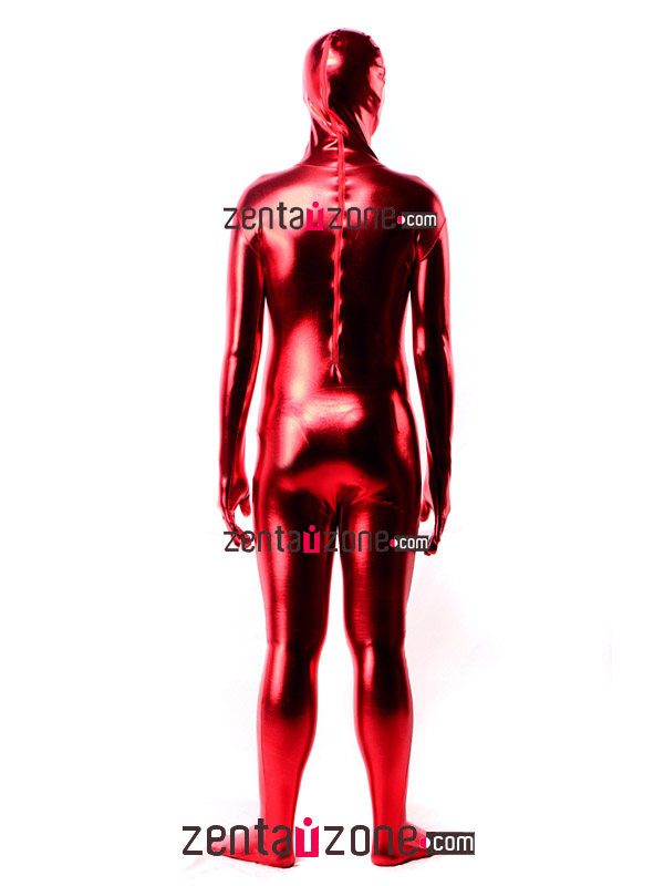 Red Shiny Metallic Zentai Suit With Open Face - Click Image to Close