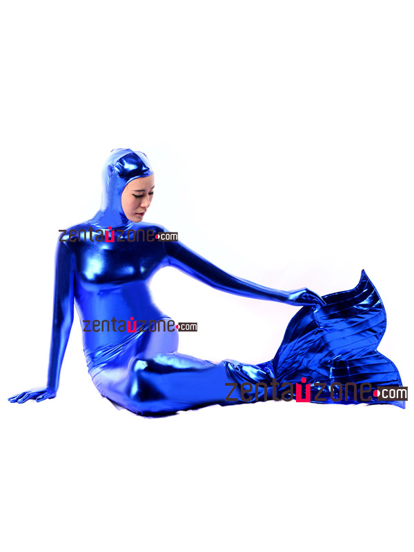 Blue Shiny Metallic Mermaid Zentai Body Suit With Open Face - Click Image to Close