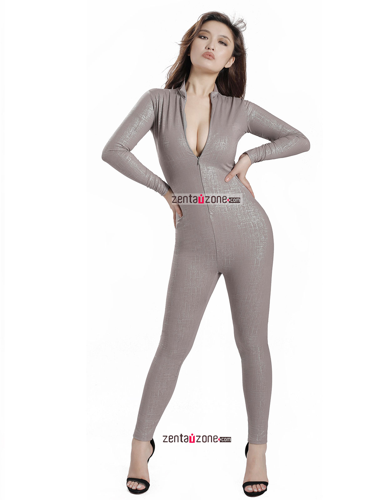 Nylon Shiny Metallic Catsuit With Front Zip