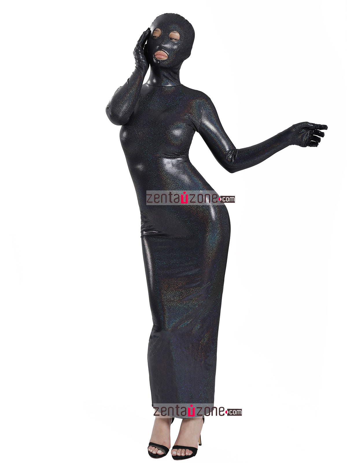 Nylon Shiny Black Zentai Dresses With Open eyes & mouth