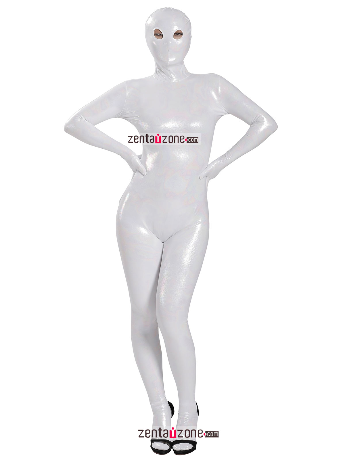 Nylon White Shiny Metallic Lycra Zentai Suit With Eyes Open [4029253]