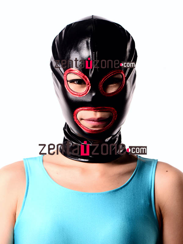 Black And Red Shiny Metallic Zentai Hood With Eyes And Mouth Ope - Click Image to Close