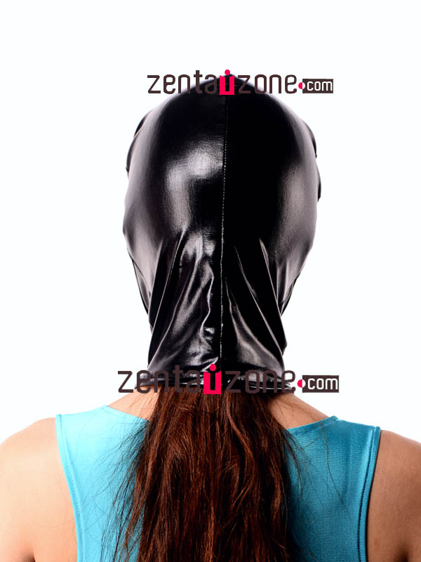 Black And Red Shiny Metallic Zentai Hood With Eyes And Mouth Ope - Click Image to Close